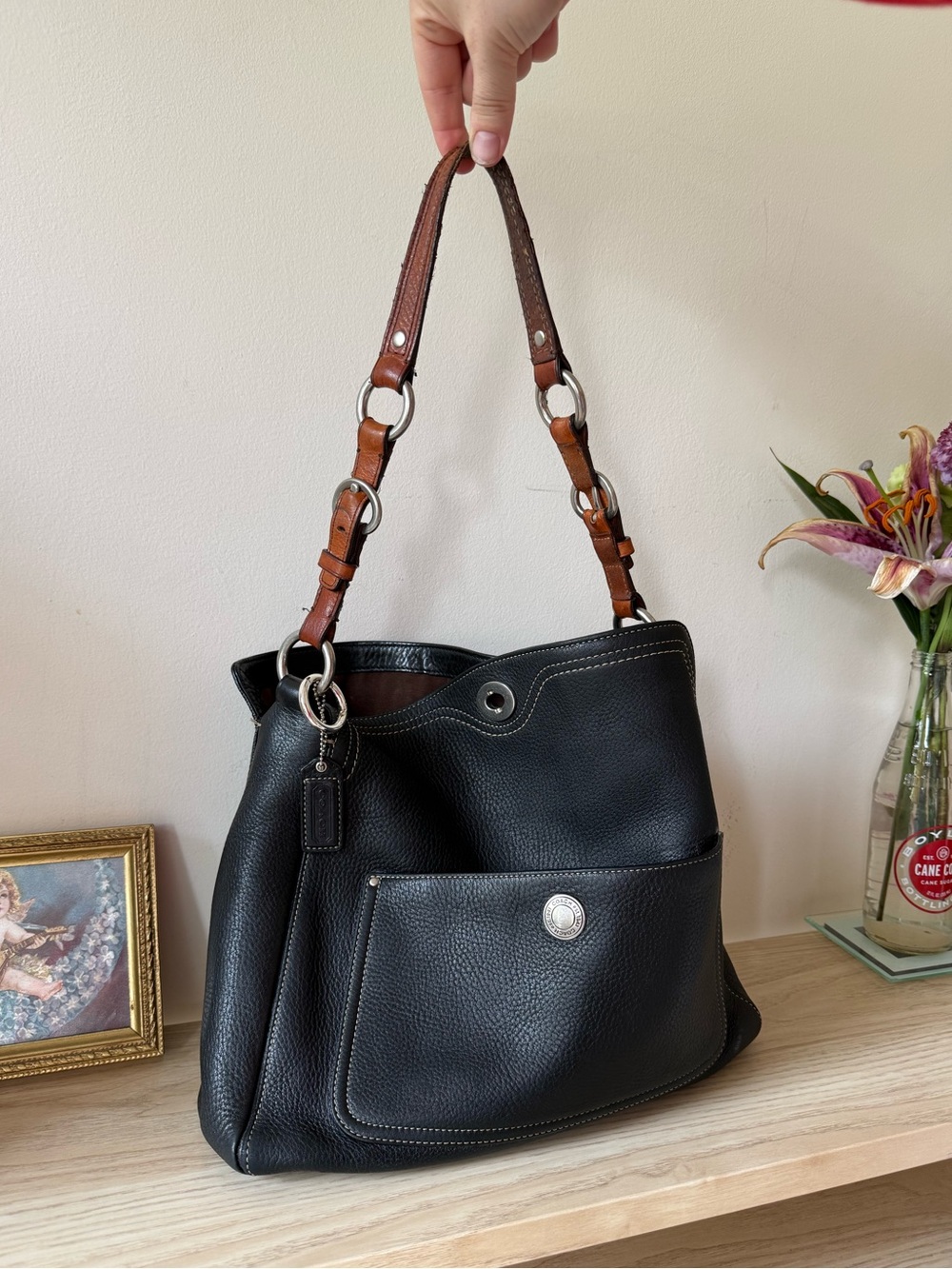Coach Black Pebbled Leather Shoulder Bag with Brown Strap Accents